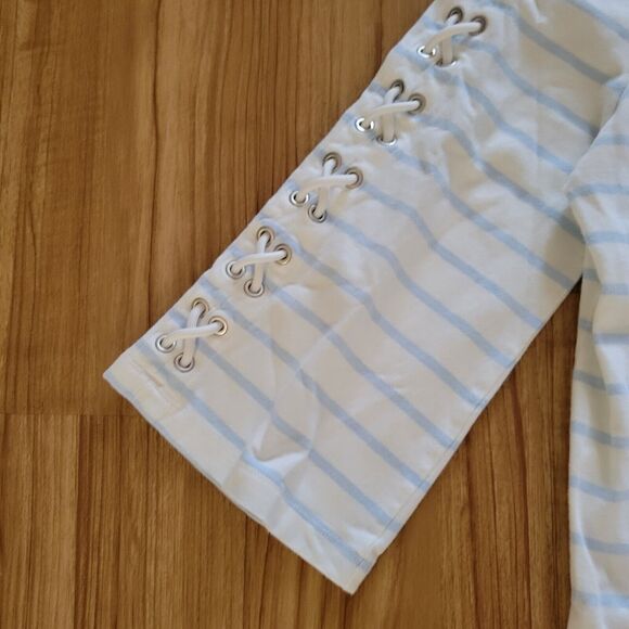 Lauren Ralph Lauren Top Shirt Womens Large White Blue Striped Lace Up 3/4 Sleeve - Picture 6 of 11